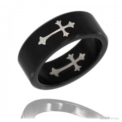 Surgical Steel Patonce Cross Wedding Band Ring 8mm 2-tone Black Satin Finish