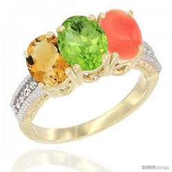 14K Yellow Gold Natural Citrine, Peridot & Coral Ring 3-Stone 7x5 mm Oval Diamond Accent