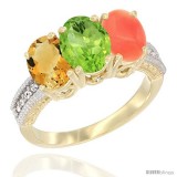 14K White Gold Natural Citrine, Peridot & Coral Ring 3-Stone 7x5 mm Oval Diamond Accent