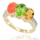 14K White Gold Natural Citrine, Peridot & Coral Ring 3-Stone 7x5 mm Oval Diamond Accent