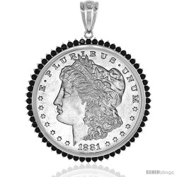 Sterling Silver 38 mm Silver Dollar & Mexican Olympic Coin Frame Bezel Pendant Black CZ Halo (COIN is NOT Included)
