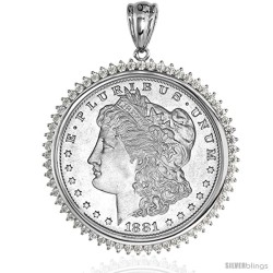 Sterling Silver 38 mm Silver Dollar & Mexican Olympic Coin Frame Bezel Pendant CZ Halo (COIN is NOT Included)