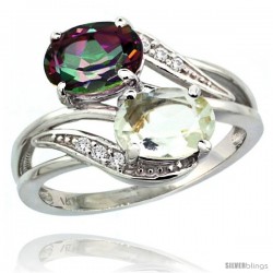 14k White Gold ( 8x6 mm ) Double Stone Engagement Green Amethyst & Mystic Topaz Ring w/ 0.07 Carat Brilliant Cut Diamonds