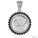 Sterling Silver 38 mm Silver Dollar & Mexican Olympic Coin Frame Bezel Pendant Black CZ Halo (COIN is NOT Included)