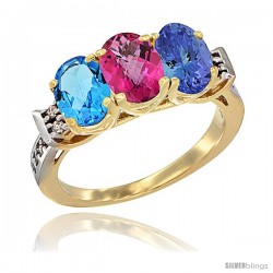 10K Yellow Gold Natural Swiss Blue Topaz, Pink Topaz & Tanzanite Ring 3-Stone Oval 7x5 mm Diamond Accent