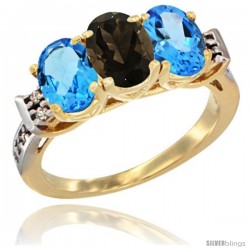 10K Yellow Gold Natural Smoky Topaz & Swiss Blue Topaz Sides Ring 3-Stone Oval 7x5 mm Diamond Accent