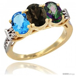 10K Yellow Gold Natural Swiss Blue Topaz, Smoky Topaz & Mystic Topaz Ring 3-Stone Oval 7x5 mm Diamond Accent