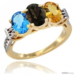 10K Yellow Gold Natural Swiss Blue Topaz, Smoky Topaz & Citrine Ring 3-Stone Oval 7x5 mm Diamond Accent