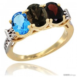 10K Yellow Gold Natural Swiss Blue Topaz, Smoky Topaz & Garnet Ring 3-Stone Oval 7x5 mm Diamond Accent