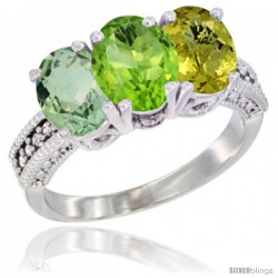 14K White Gold Natural Green Amethyst, Peridot & Lemon Quartz Ring 3-Stone 7x5 mm Oval Diamond Accent