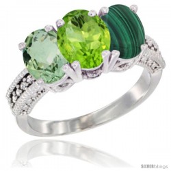 14K White Gold Natural Green Amethyst, Peridot & Malachite Ring 3-Stone 7x5 mm Oval Diamond Accent