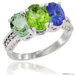 14K White Gold Natural Green Amethyst, Peridot & Tanzanite Ring 3-Stone 7x5 mm Oval Diamond Accent