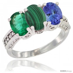 10K White Gold Natural Emerald, Malachite & Tanzanite Ring 3-Stone Oval 7x5 mm Diamond Accent