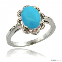 Sterling Silver Diamond Halo Turquoise Ring 1.65 Carat Oval Shape 9X7 mm, 7/16 in (11mm) wide