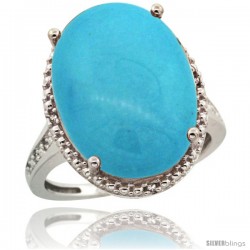 Sterling Silver Diamond Sleeping Beauty Turquoise Ring 13.56 Carat Oval Shape 18x13 mm, 3/4 in (20mm) wide