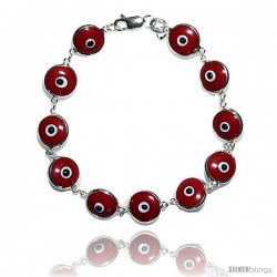 Sterling Silver Red Color Evil Eye Bracelet, 7 in long