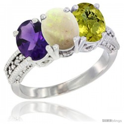 14K White Gold Natural Amethyst, Opal & Lemon Quartz Ring 3-Stone 7x5 mm Oval Diamond Accent