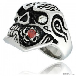 Surgical Steel Biker Skull Ring w/ White CZ Eye & Biting Red CZ Rose