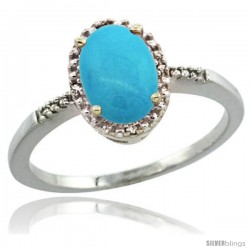 Sterling Silver Diamond Sleeping Beauty Turquoise Ring 1.17 ct Oval Stone 8x6 mm, 3/8 in wide