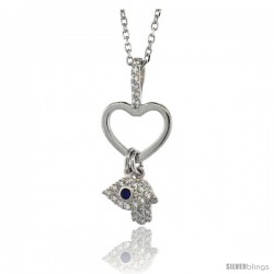 Sterling Silver 16 in. Cable Link Chain Necklace Jeweled Heart Cut-out, Evil Eye & Hamsa Pendant