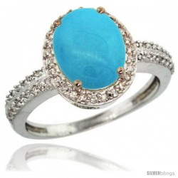 Sterling Silver Diamond Sleeping Beauty Turquoise Ring Oval Stone 10x8 mm 2.4 ct 1/2 in wide