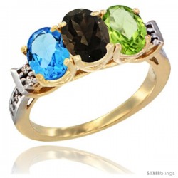 10K Yellow Gold Natural Swiss Blue Topaz, Smoky Topaz & Peridot Ring 3-Stone Oval 7x5 mm Diamond Accent