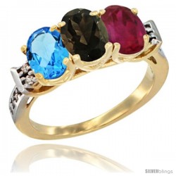 10K Yellow Gold Natural Swiss Blue Topaz, Smoky Topaz & Ruby Ring 3-Stone Oval 7x5 mm Diamond Accent