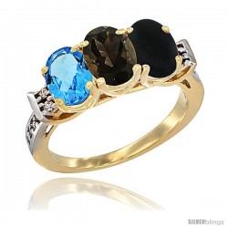 10K Yellow Gold Natural Swiss Blue Topaz, Smoky Topaz & Black Onyx Ring 3-Stone Oval 7x5 mm Diamond Accent