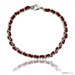 Stainless Steel Red Satin Cord Link Bracelet intertwined, 3/16 in wide, 7 1/4 in. long