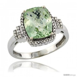 14k White Gold Diamond Halo Green Amethyst Ring 2.4 ct Cushion Cut 9x7 mm, 1/2 in wide