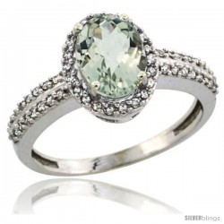 14k White Gold Diamond Halo Green Amethyst Ring 1.2 ct Oval Stone 8x6 mm, 3/8 in wide