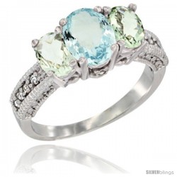 14k White Gold Ladies Oval Natural Aquamarine 3-Stone Ring with Green Amethyst Sides Diamond Accent