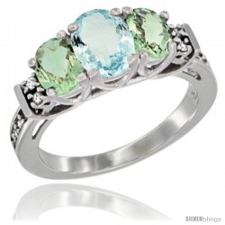 14K White Gold Natural Aquamarine & Green Amethyst Ring 3-Stone Oval with Diamond Accent