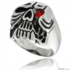 Surgical Steel Skull Ring with Fangs and Red CZ Eye