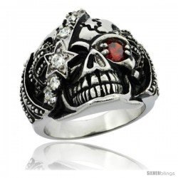 Surgical Steel Biker Skull Ring White CZ Eye patch Red Eye Crown on the sides