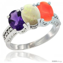 14K White Gold Natural Amethyst, Opal & Coral Ring 3-Stone 7x5 mm Oval Diamond Accent