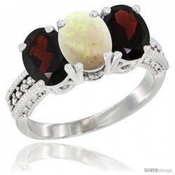 14K White Gold Natural Opal & Garnet Sides Ring 3-Stone 7x5 mm Oval Diamond Accent