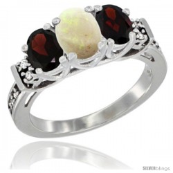 14K White Gold Natural Opal & Garnet Ring 3-Stone Oval with Diamond Accent