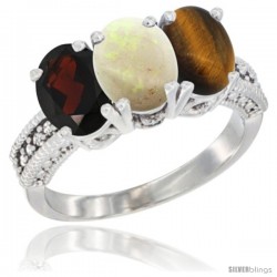 14K White Gold Natural Garnet, Opal & Tiger Eye Ring 3-Stone 7x5 mm Oval Diamond Accent