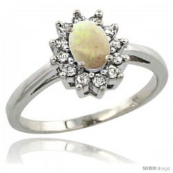 Sterling Silver Natural Opal Diamond Halo Ring Oval Shape 1.2 Carat 6X4 mm, 1/2 in wide