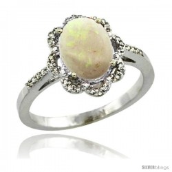 Sterling Silver Diamond Halo Natural Opal Ring 1.65 Carat Oval Shape 9X7 mm, 7/16 in (11mm) wide