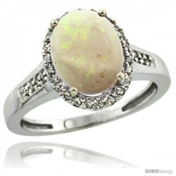 Sterling Silver Diamond Natural Opal Ring 2.4 ct Oval Stone 10x8 mm, 1/2 in wide