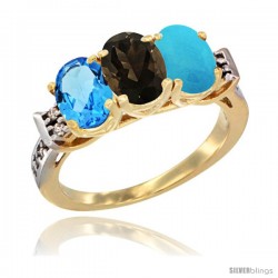 10K Yellow Gold Natural Swiss Blue Topaz, Smoky Topaz & Turquoise Ring 3-Stone Oval 7x5 mm Diamond Accent