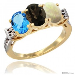 10K Yellow Gold Natural Swiss Blue Topaz, Smoky Topaz & Opal Ring 3-Stone Oval 7x5 mm Diamond Accent