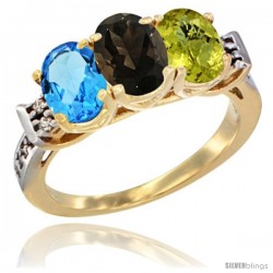 10K Yellow Gold Natural Swiss Blue Topaz, Smoky Topaz & Lemon Quartz Ring 3-Stone Oval 7x5 mm Diamond Accent