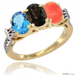 10K Yellow Gold Natural Swiss Blue Topaz, Smoky Topaz & Coral Ring 3-Stone Oval 7x5 mm Diamond Accent