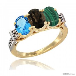 10K Yellow Gold Natural Swiss Blue Topaz, Smoky Topaz & Malachite Ring 3-Stone Oval 7x5 mm Diamond Accent