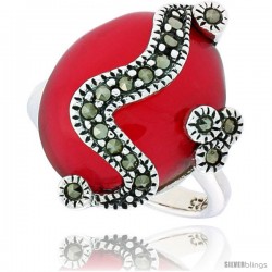 Sterling Silver Oxidized Ring, w/ 17 x 14 Oval-shaped Red Resin, 7/8" (22 mm) wide