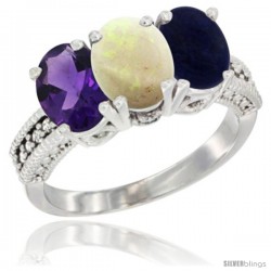 14K White Gold Natural Amethyst, Opal & Lapis Ring 3-Stone 7x5 mm Oval Diamond Accent