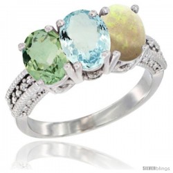 14K White Gold Natural Green Amethyst, Aquamarine & Opal Ring 3-Stone 7x5 mm Oval Diamond Accent